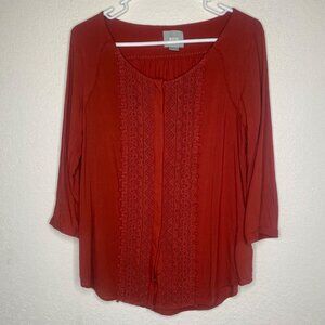 Maeve Anthropology Rust Red Lace-Trim  Womens Blouse Size 6 Button Down